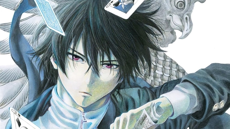 Yuuichi Katagiri, the protagonist of Tomodachi Game, with a serious expression as cards float around him, hinting at the series' psychological thriller elements