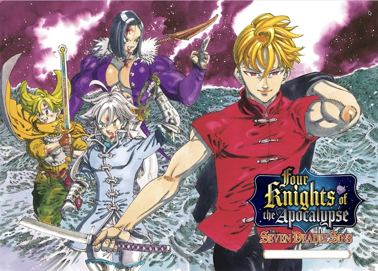 The Four Knights of the Apocalypse including Percival Gawain Lancelot and Tristan stand together