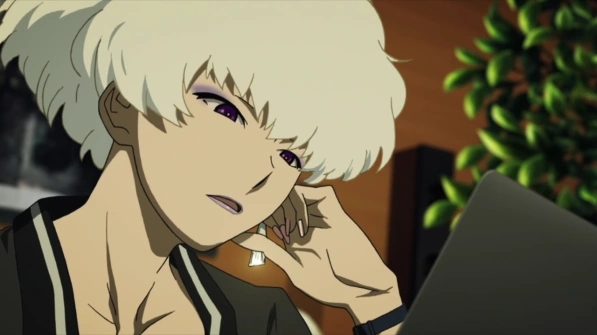 Five analyzes data on her laptop with cold intensity